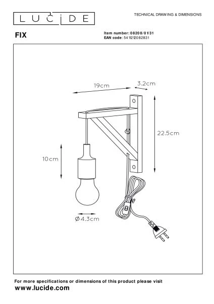 Lucide FIX - Lámpara de pared - 1xE27 - Blanco - técnico